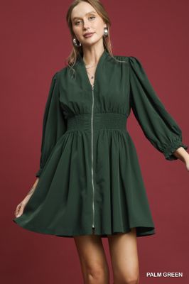 Lining V Neck Front Zipper Puff Sleeve Dress
