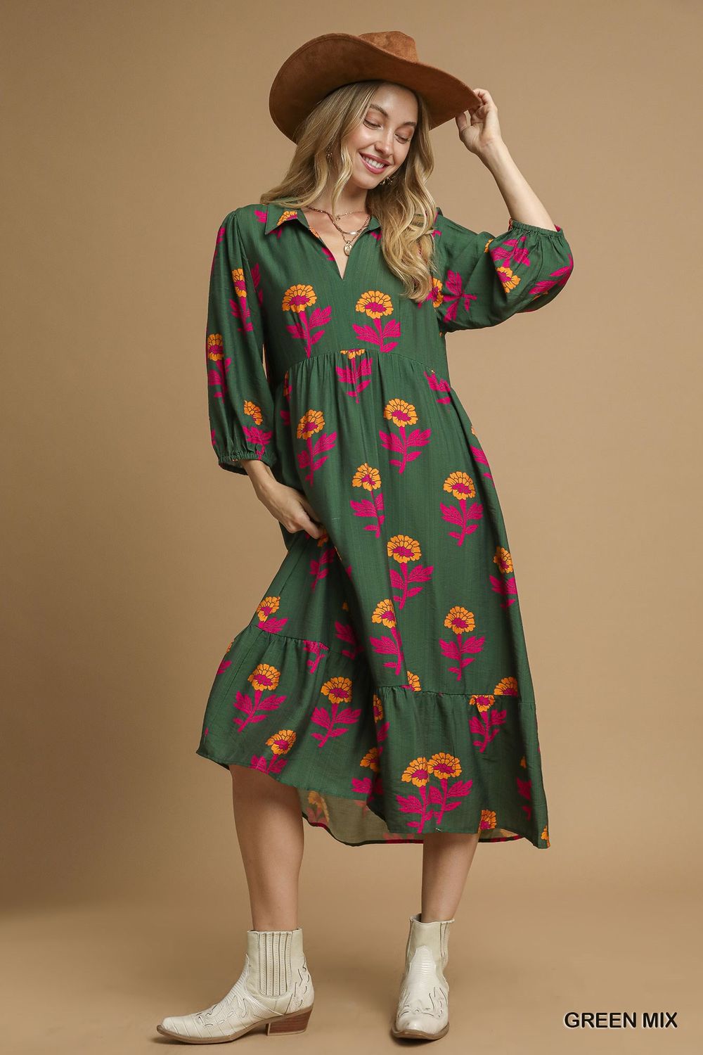 Floral Print Maxi Dress with Bubble Sleeves