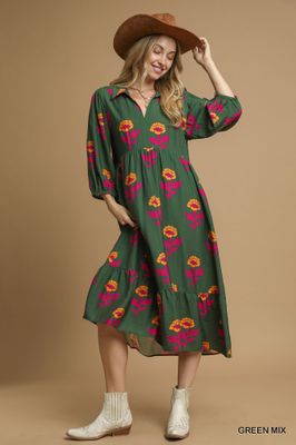 Floral Print Maxi Dress with Bubble Sleeves