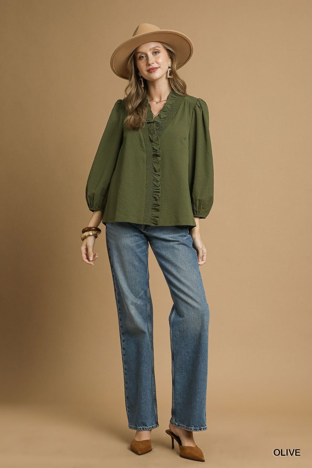 Textured Ruffle Trim Blouse with 3/4 Sleeves