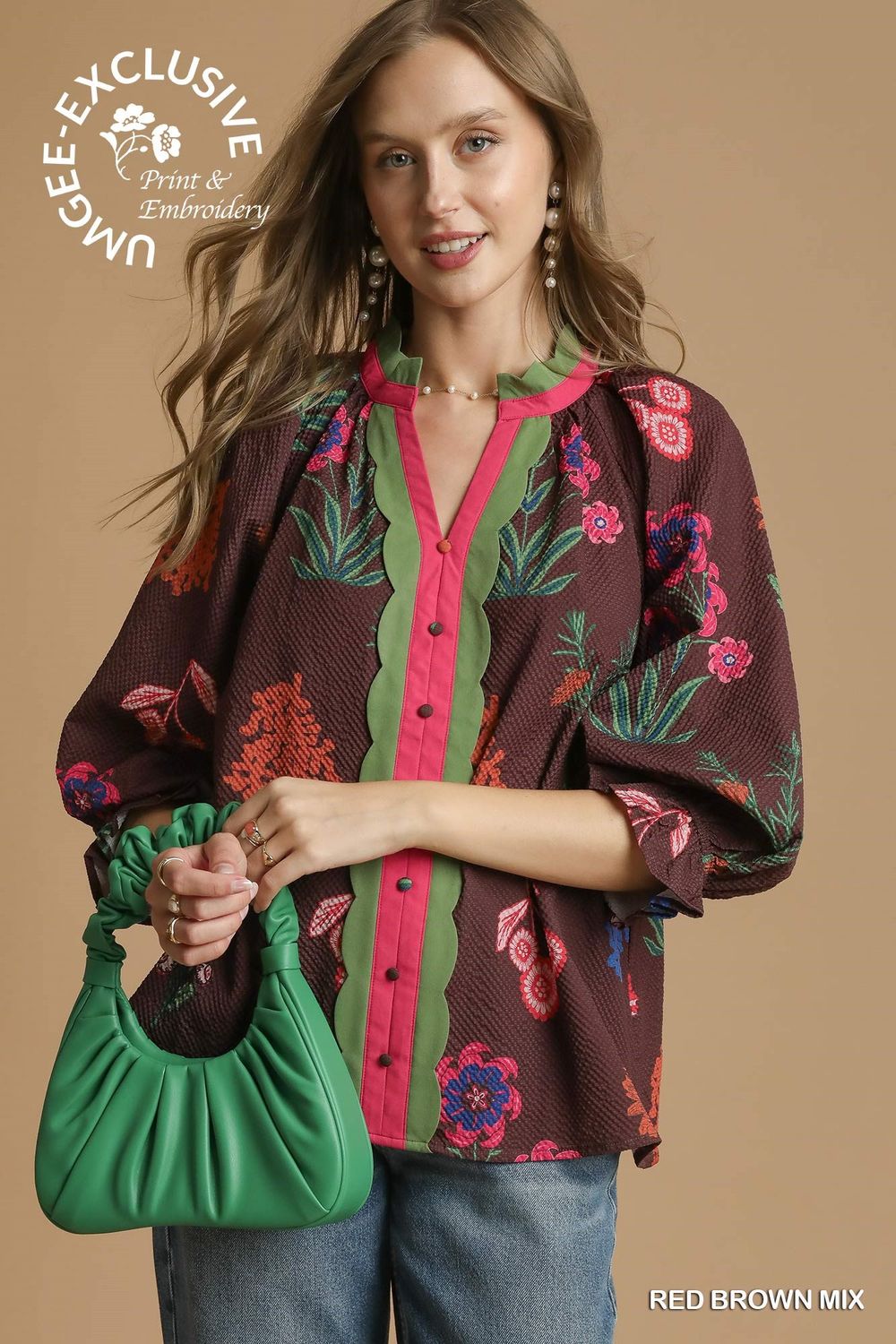 Mix Floral Textured Blouse with Scalloped Trim