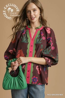 Mix Floral Textured Blouse with Scalloped Trim