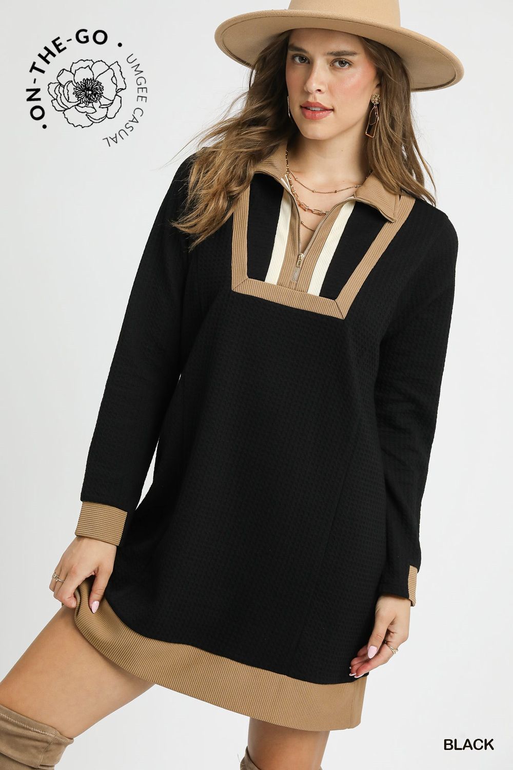 Waffle Knit Zip Collar Tunic Dress Mini