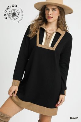 Waffle Knit Zip Collar Tunic Dress Mini