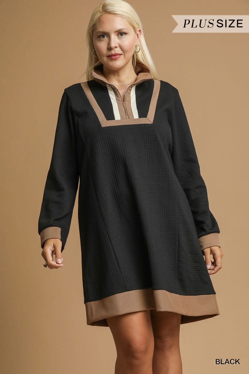 Waffle Knit Zip Collar Tunic Dress