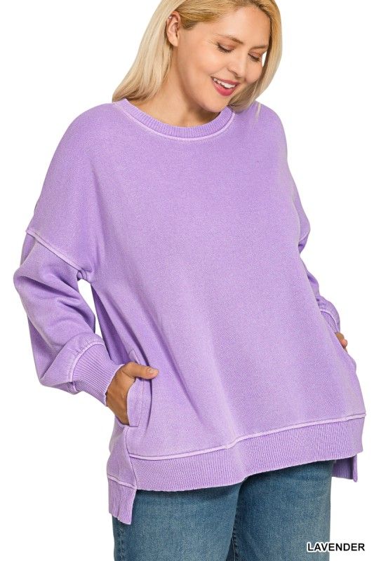 FLEECE HI-LOW HEM PULLOVER WITH POCKET PLUS