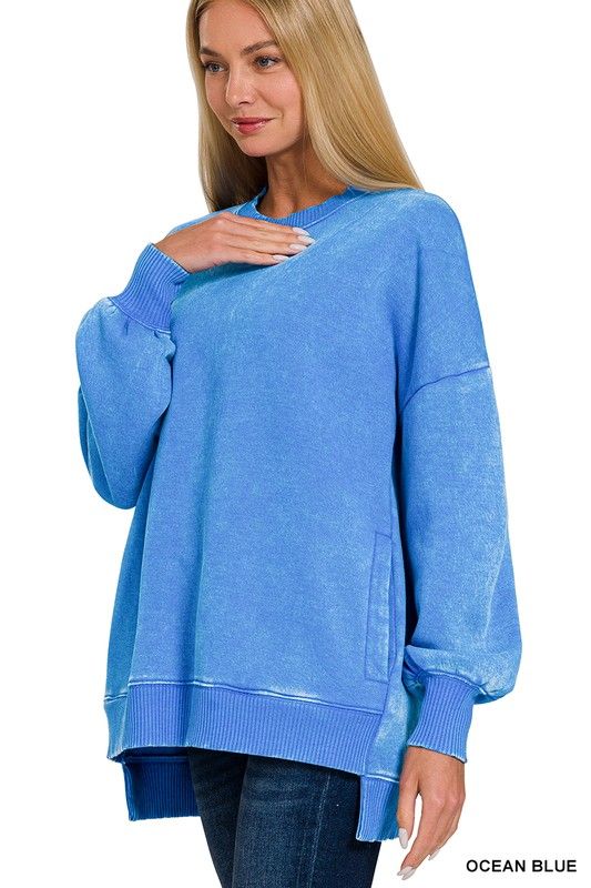 ACID WASH FLEECE HI-LOW HEM PULLOVER