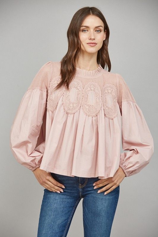 Lace Applique Detail Mixed Media Long Slv Blouse