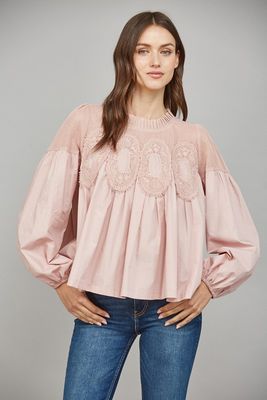 Lace Applique Detail Mixed Media Long Slv Blouse
