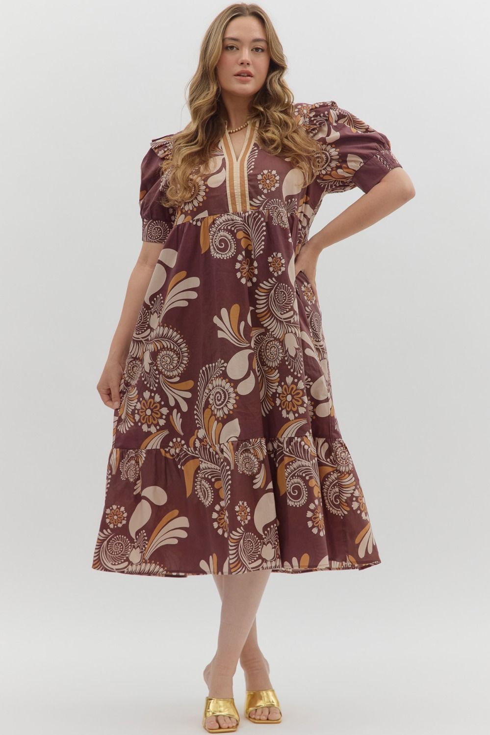 Paisley pattern smocked cuff band SS Dress