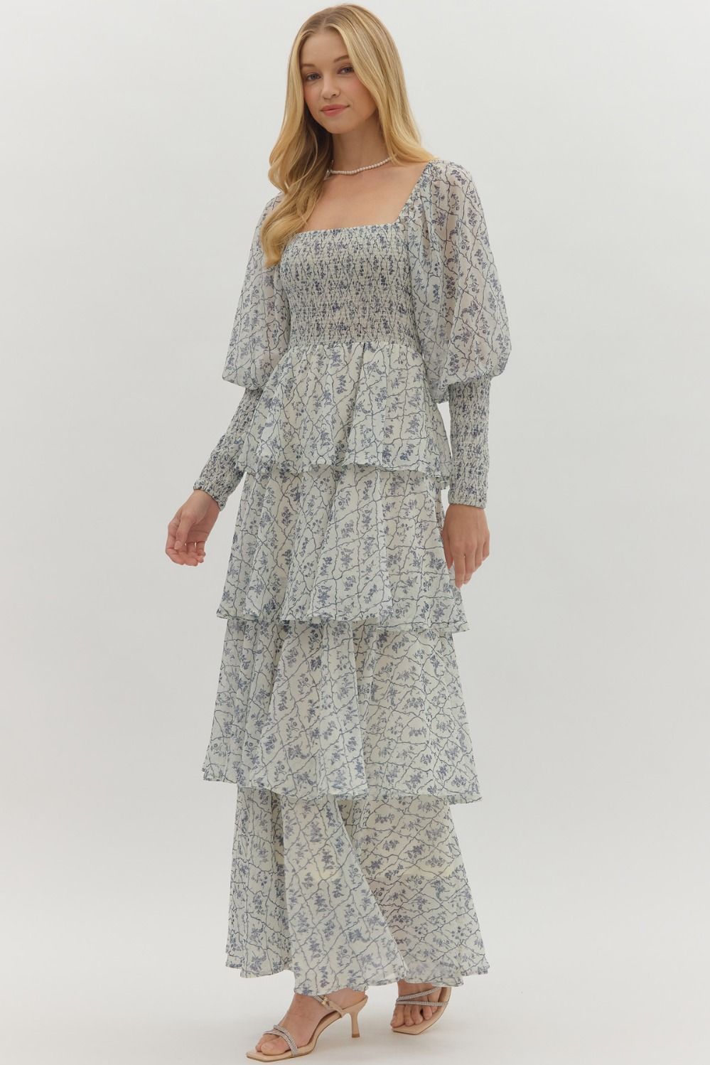 Floral print long puff sleeve tiered maxi dress