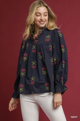 Embroidered Floral Ruffle Neck Blouse