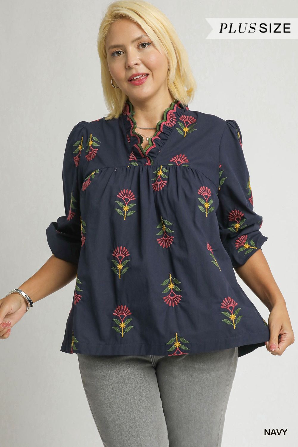 Embroidered Floral Ruffle Neck Blouse PLUS