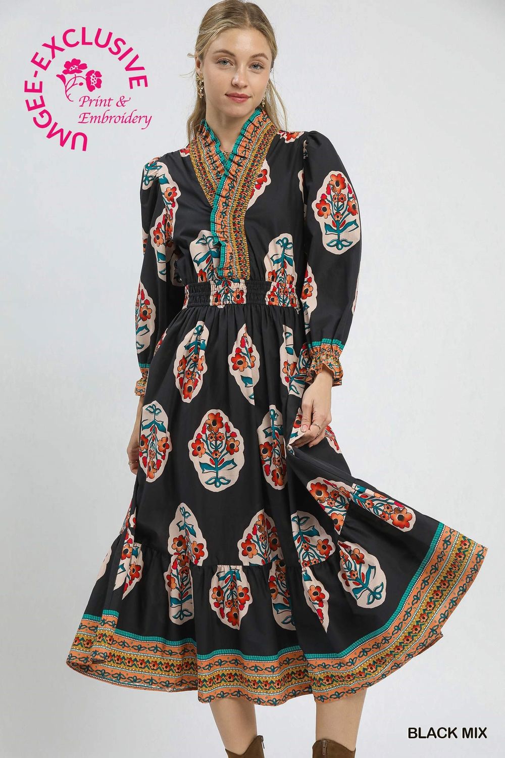 Flower Patch Boarder Print V-Neck Midi Dress PLUS