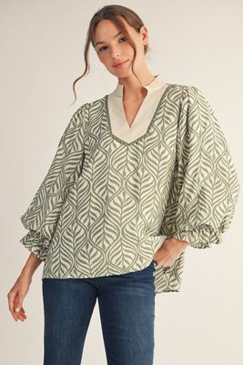 Standing Collared Neck Boho Leaf Print Top