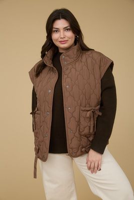 Tie Detail Snap Button Down Quilted Vest PLUS