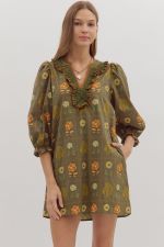 Floral print puff 3/4 sleeve mini dress