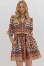 Botanical print short puff sleeve mini dress