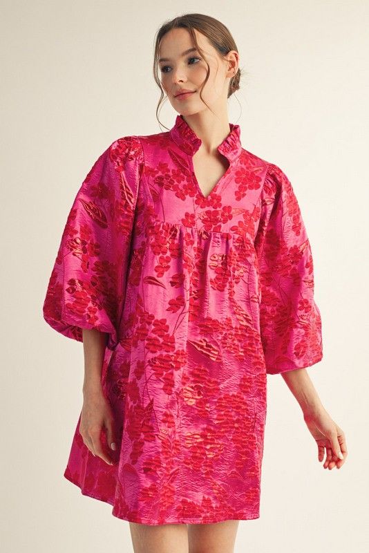 Ruffled Neck Floral Jacquard Dress
