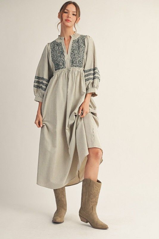 Embroidered Stripe Midi Dress