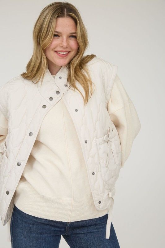 Tie Detail Snap Button Down Quilted Puffer Vest