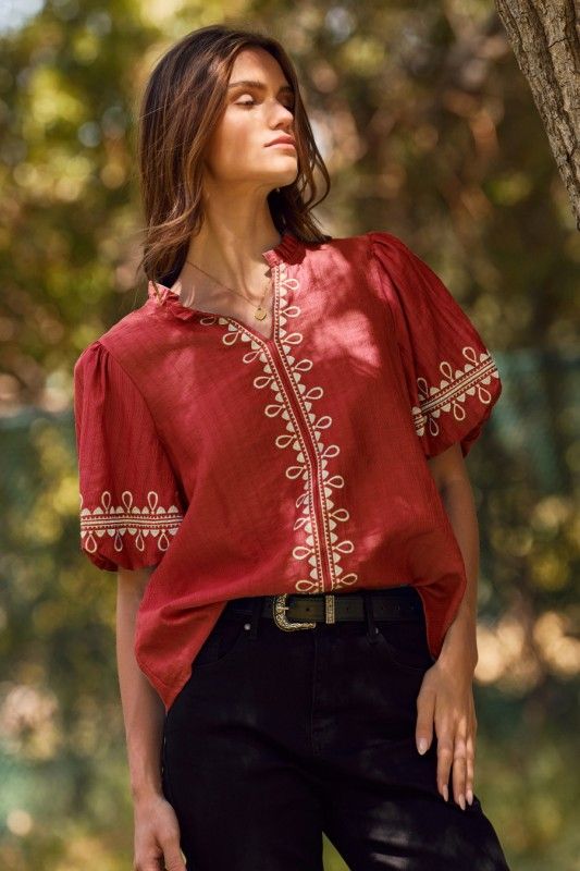 Solid Embroidered Short Bubble Sleeve Blouse PLUS