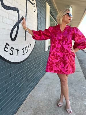 Ruffled Neck Floral Jacquard Dress