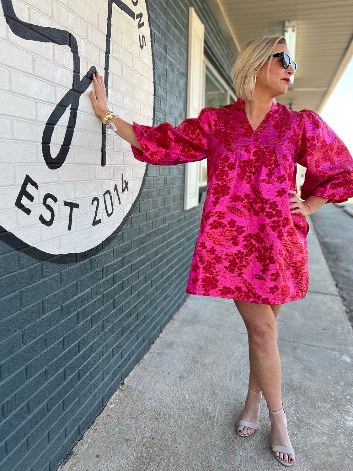 Ruffled Neck Floral Jacquard Dress