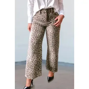 Leopard Frayed Edge Wide Leg High Waist Jeans