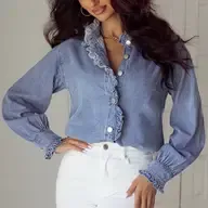 Beau Blue Ruffled Long Sleeve Buttoned Denim Shirt