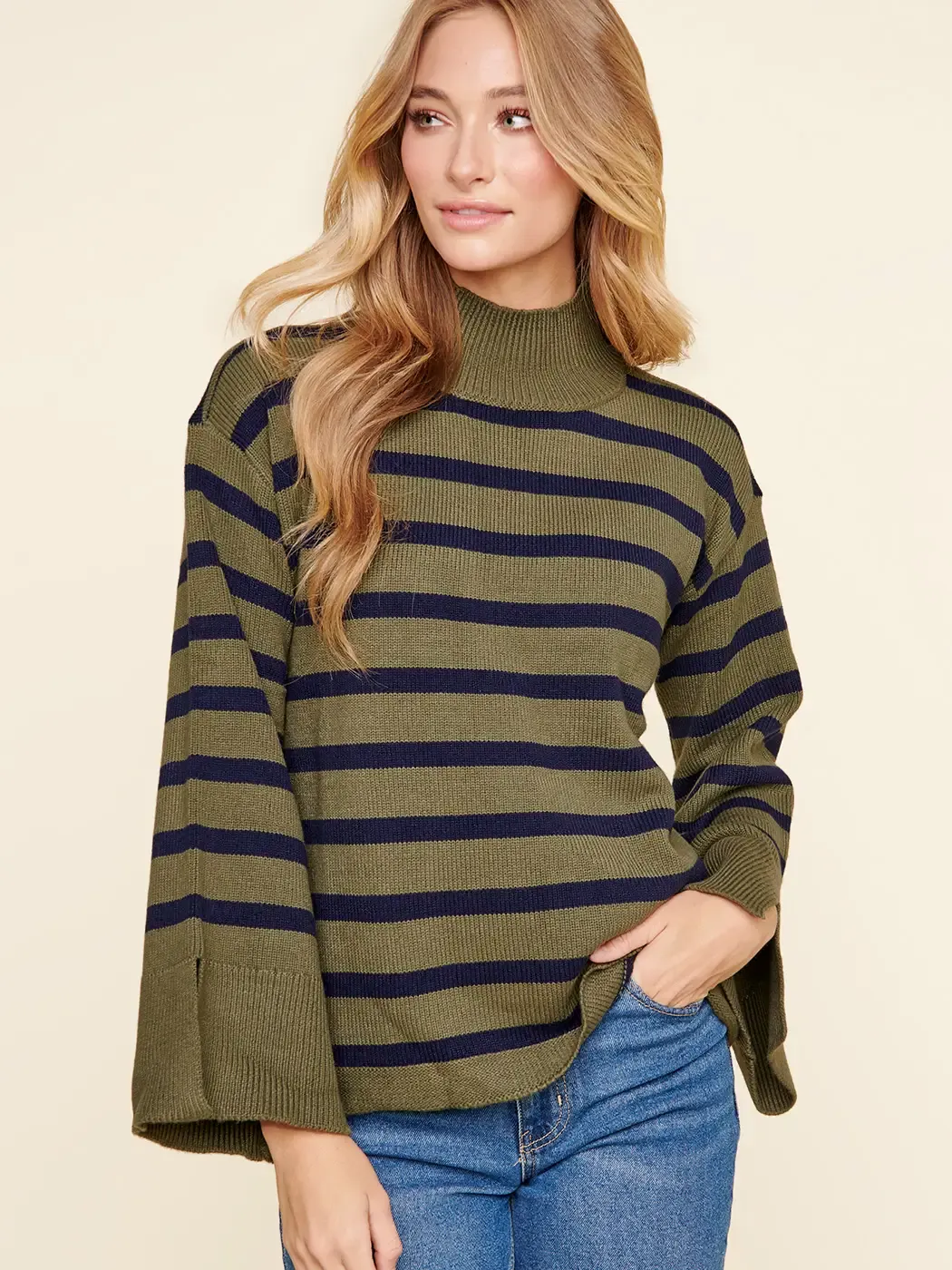 Slayder Striped Turtleneck Wide Sleeve Sweater