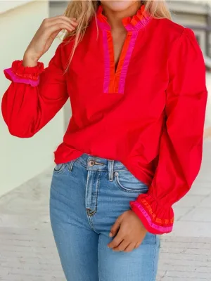 Striped Trim Ruffle Split Neck Long Sleeve Blouse