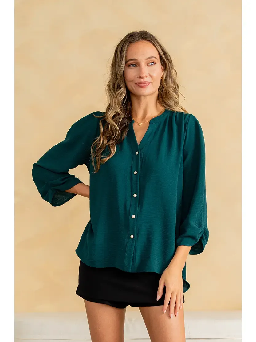 Relaxed Fit Notch V Neck Button Down Blouse