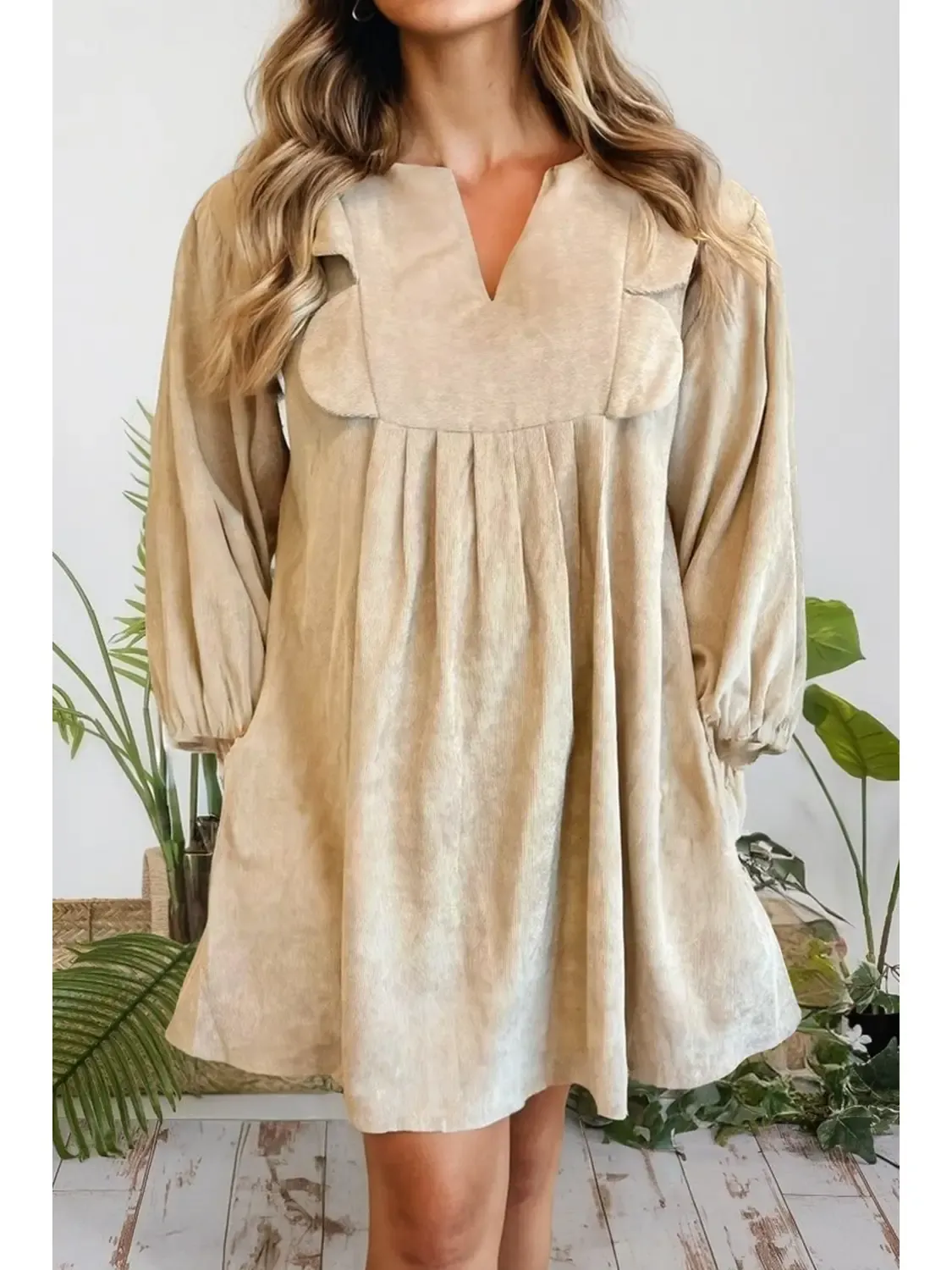 Notched Neck Scallop Detail Plus Size Mini Dress