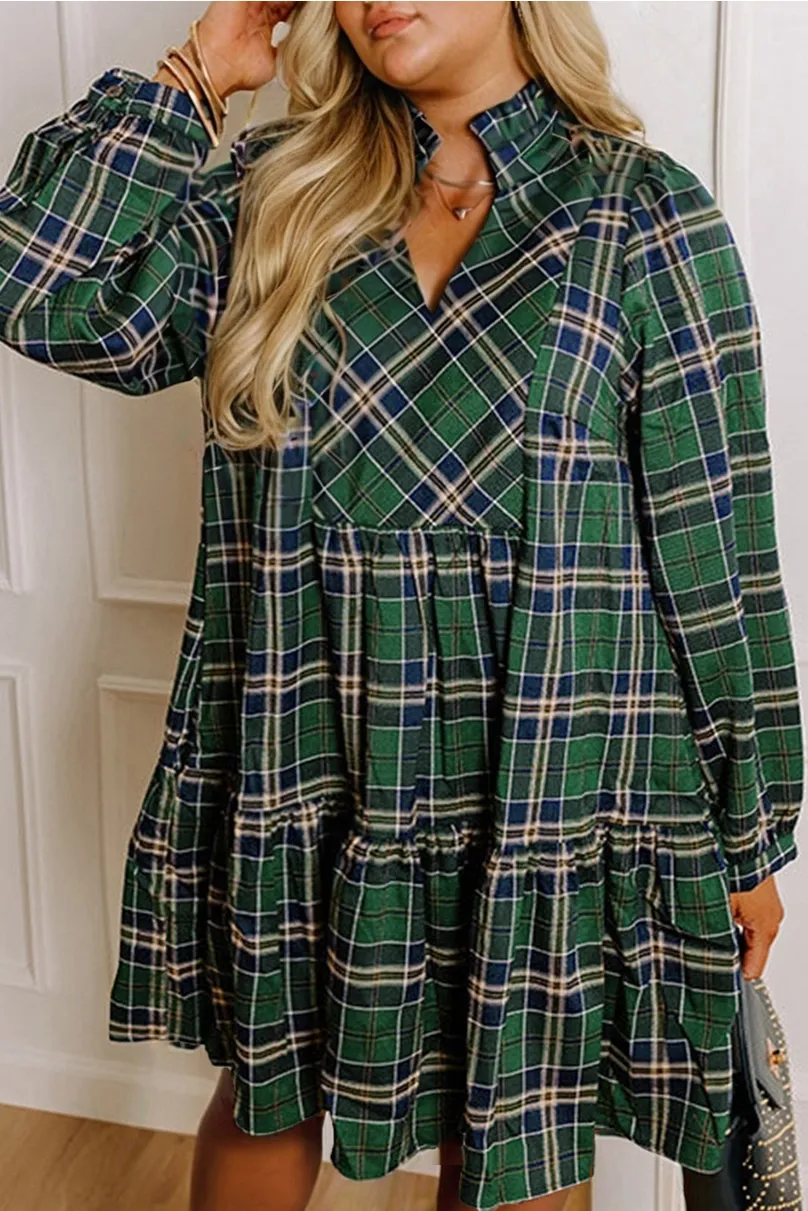 Christmas Plaid Print Notched Neck Shift Mini Dres