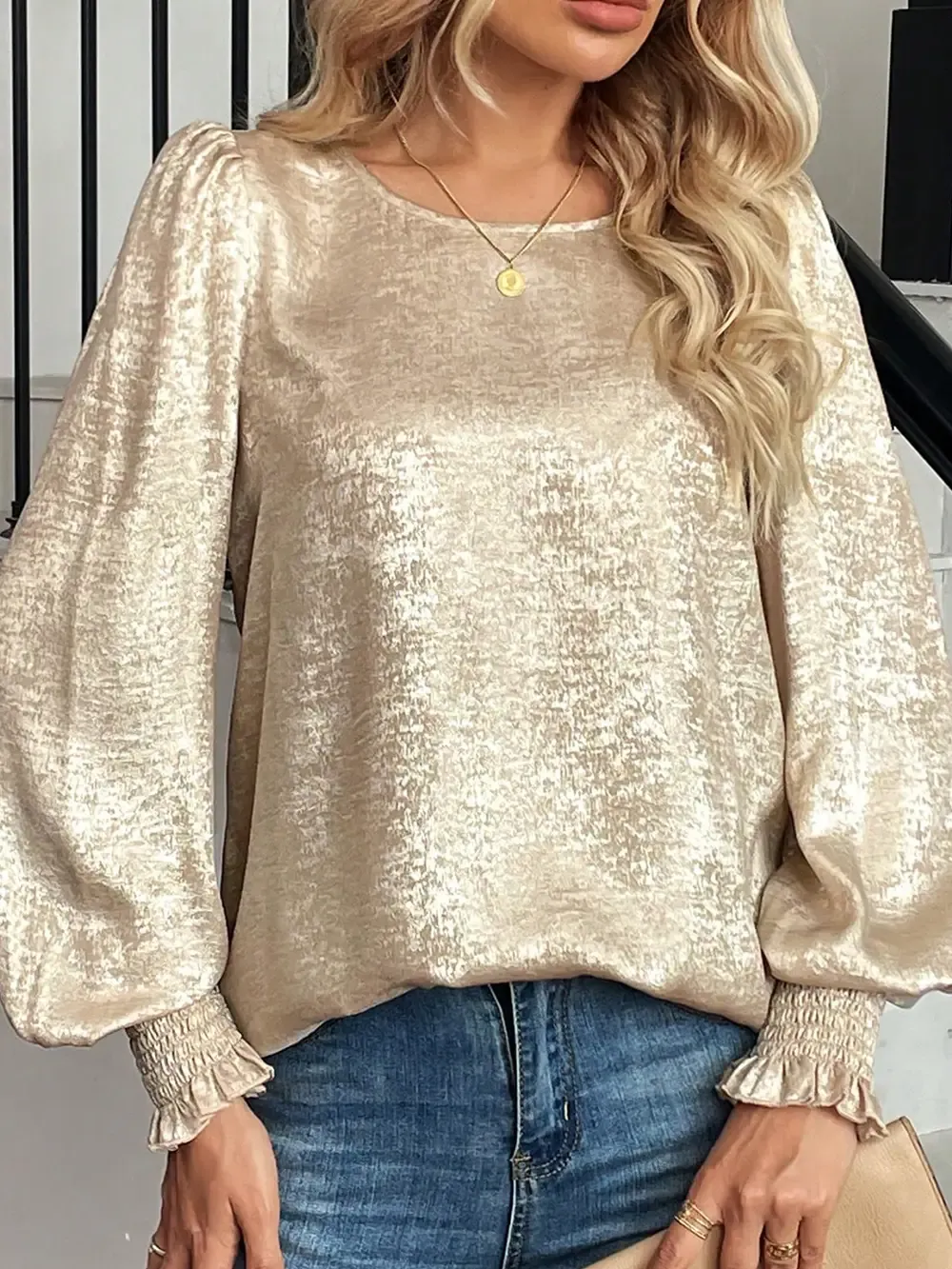 Metallic Round Neck Smocked Long Sleeve Blouse