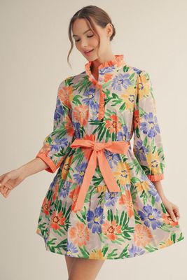 Waist tie floral tiered dress