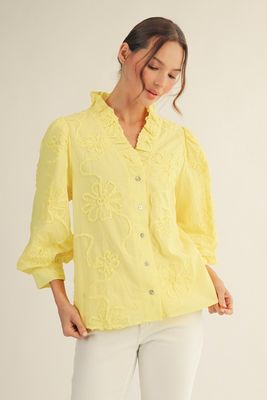 Button down 3D floral top yellow