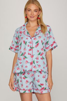 CHERRY PRINT SHORT SLEEVE WOVEN