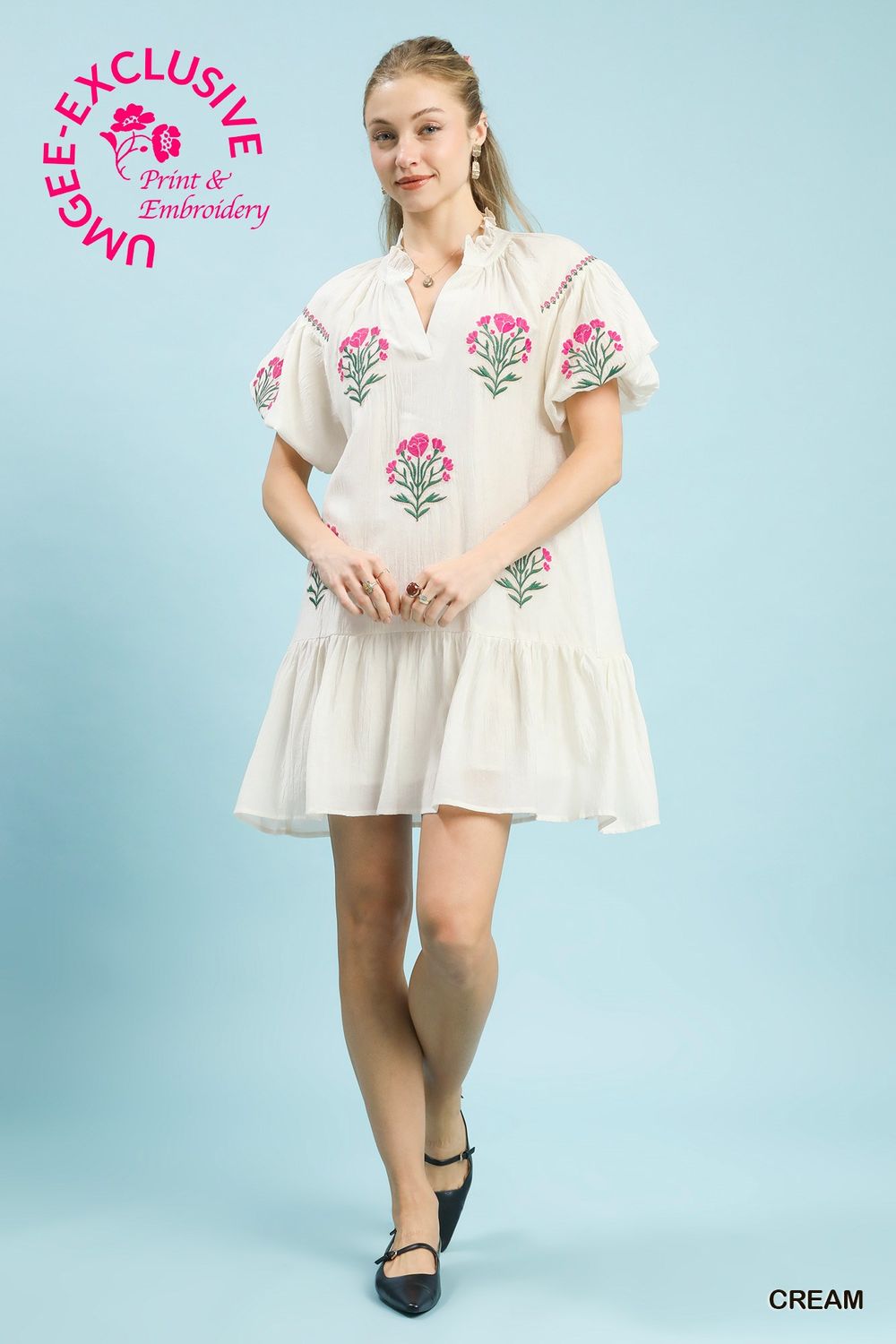 Boho Floral Embroidered Mini Dress