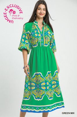 Plume Border Print Midi Dress