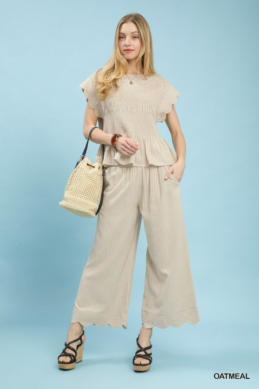 Pinstripe Smocked Flutter Sleeve TOP