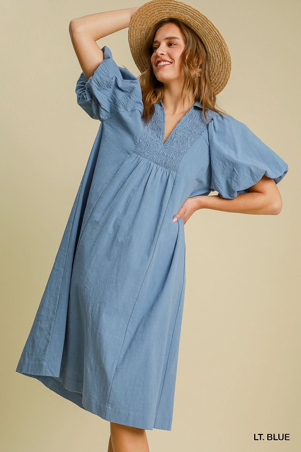 Smocked Front Yoke Midi Dress