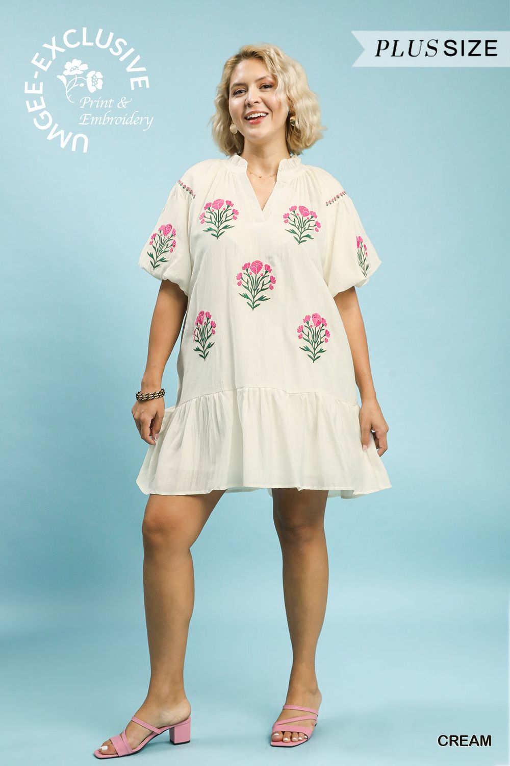 Boho Floral Embroidered Mini Dress-PLUS