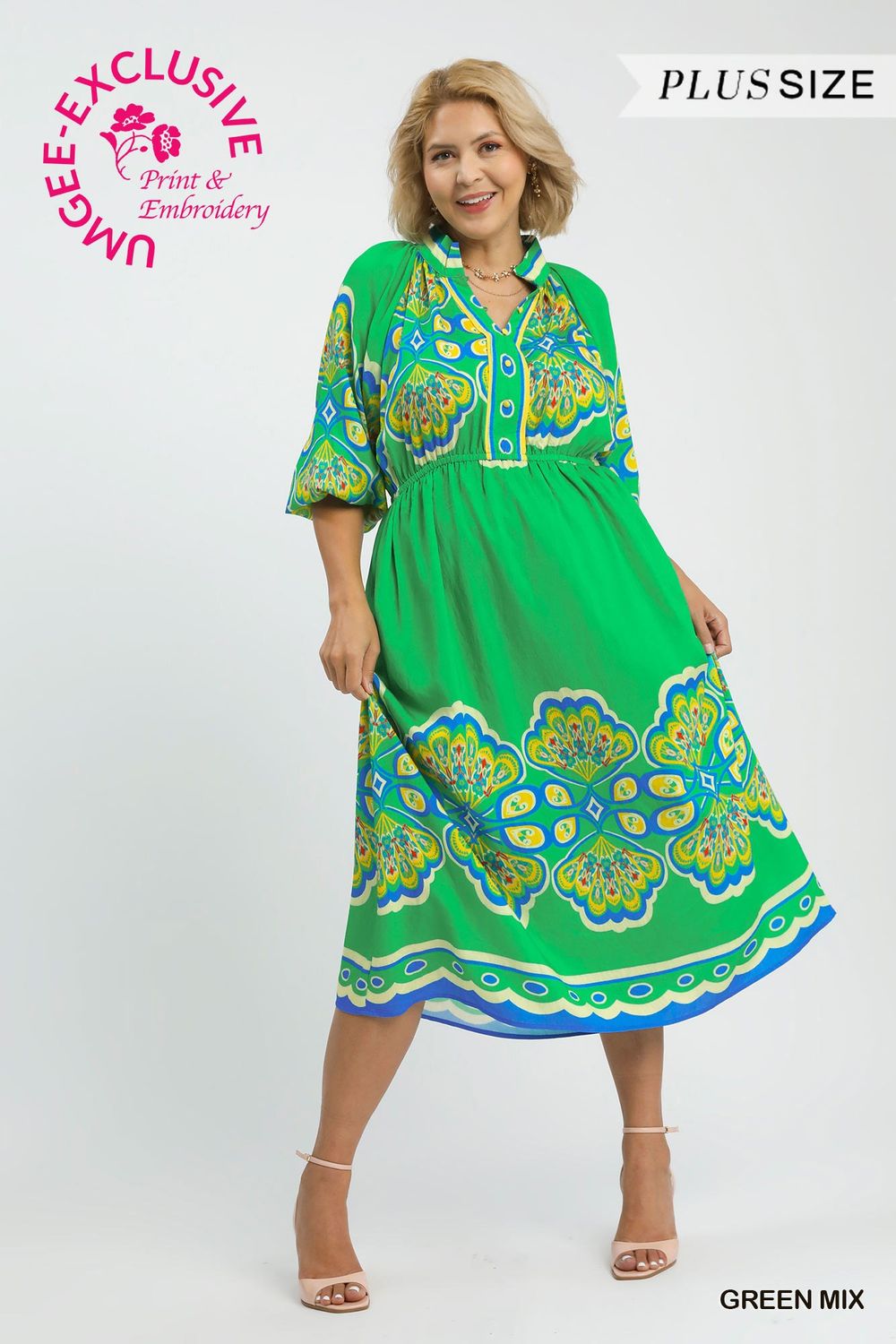 Plume Border Print Midi Dress-PLUS