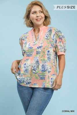 Abstract Print V-Neck Top-PLUS