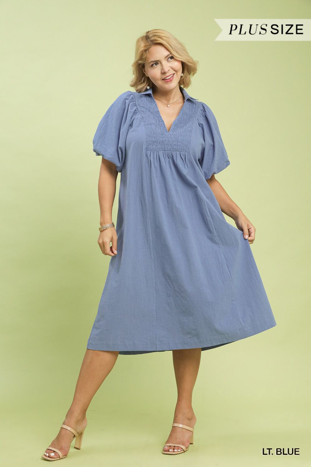 Smocked Front Yoke Midi Dress-PLUS