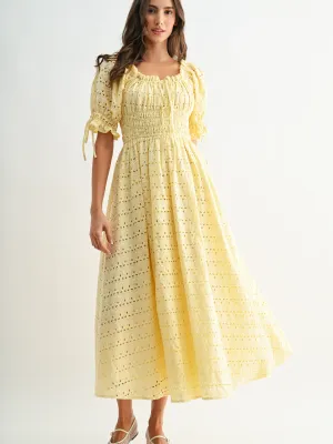 Eyelet Maxi Dress with Smocked Bodice Puff Sleeves