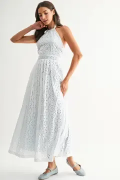Eyelet Lace Halter Maxi Dress