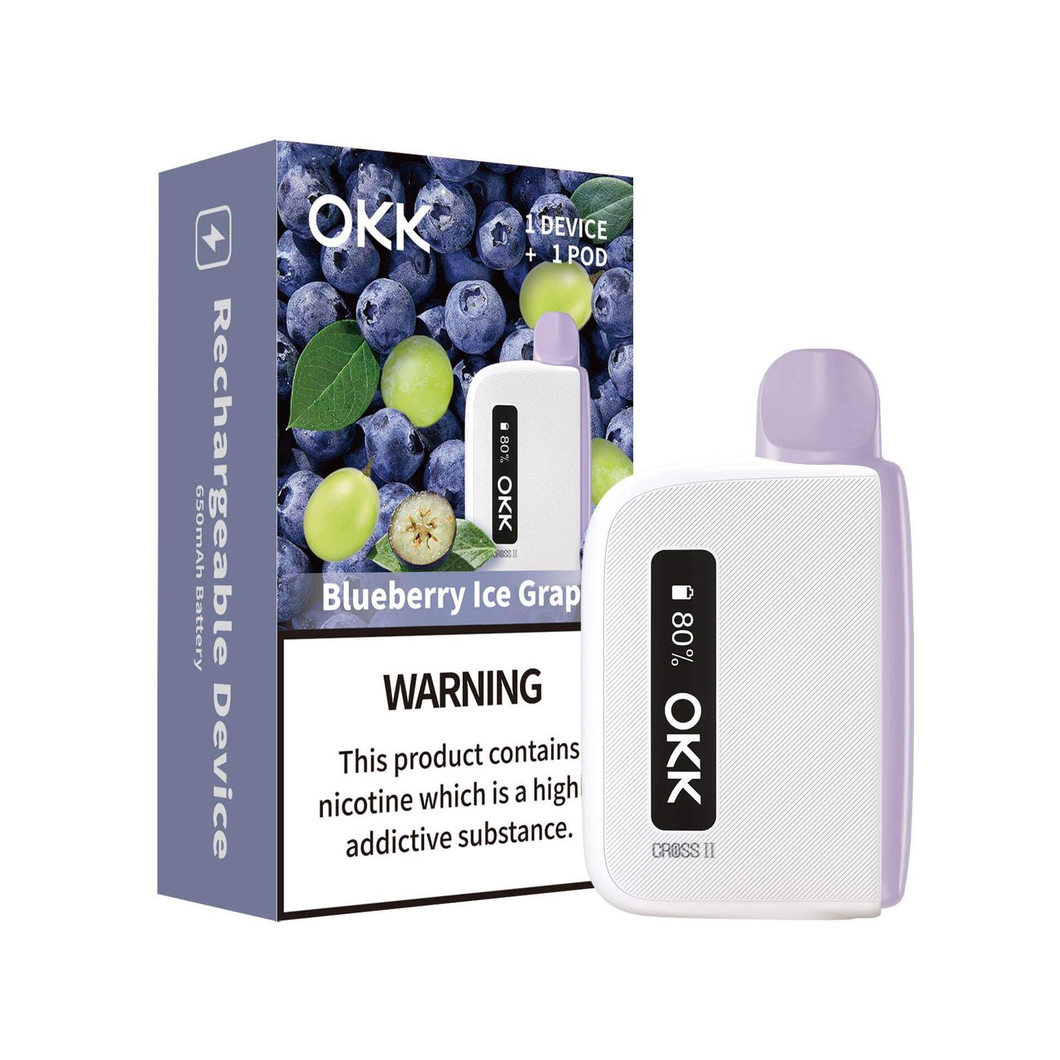 OKK Cross 2 Kit - Blueberry Ice Grape Cartridge &amp; White Battery - 5000 Puffs - 35mg